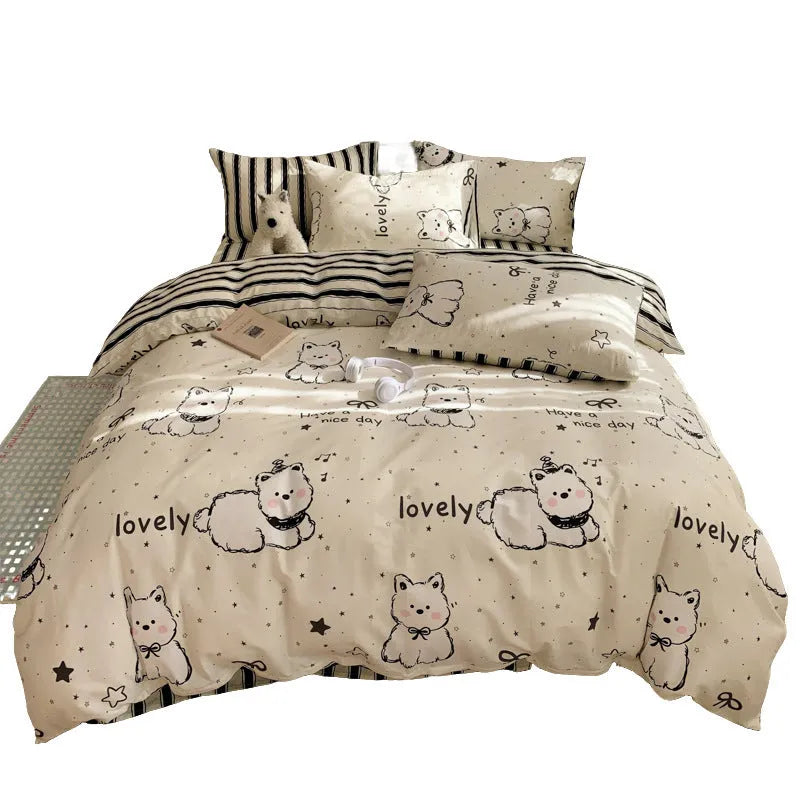 Cartoon dog pattern cotton bedding four-piece set on bed with size options from 0.9m to 2.0m beds