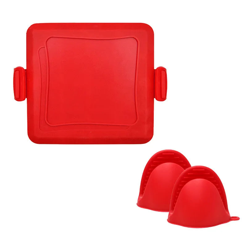 Red silicone baking tray with handbag-style handles and matching oven gloves set