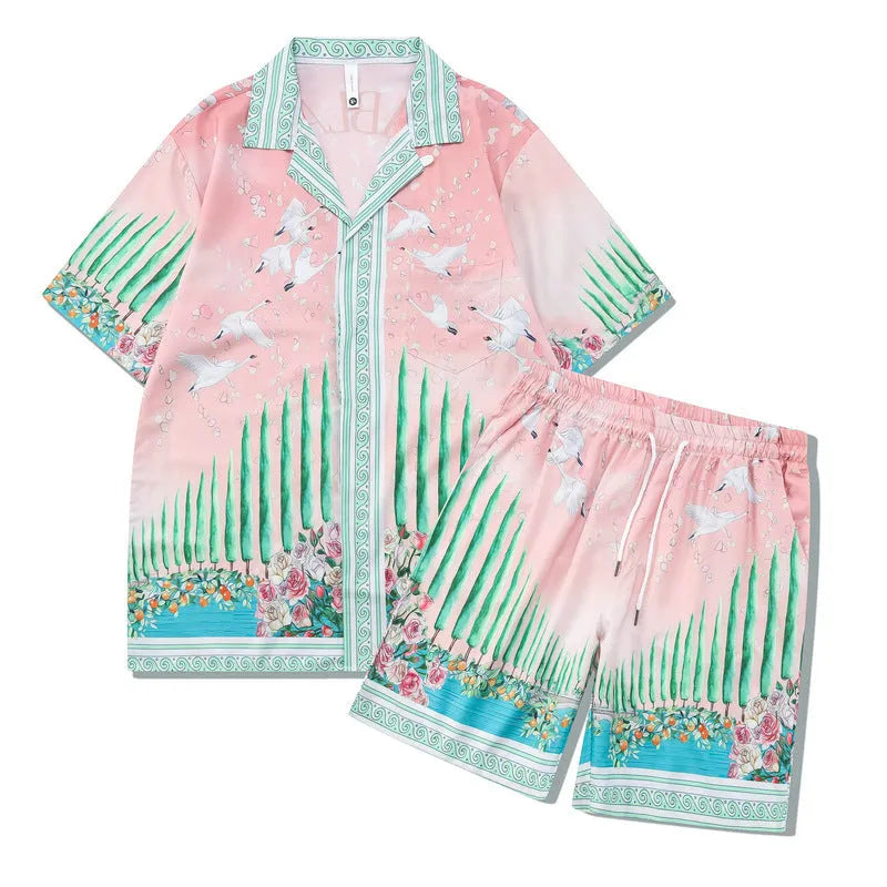Plaid printed beach outfit for men, consisting of a short sleeve shirt and matching shorts.
