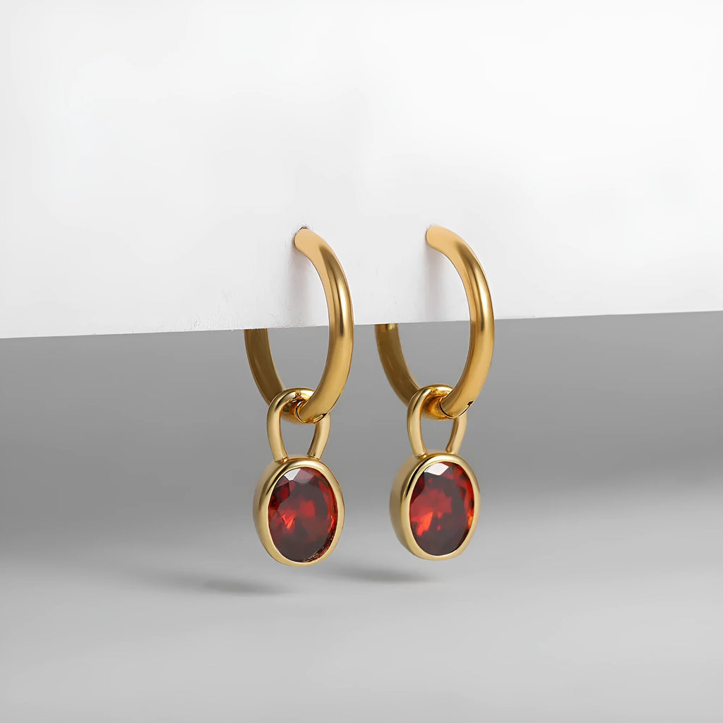 Copper retro oval earrings with zircon stones in six colour variations.