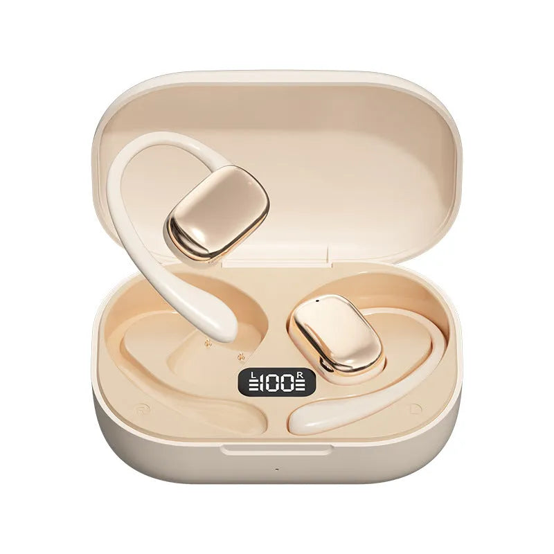 Ear-mounted wireless headphones in black colour with a small digital display screen on the side