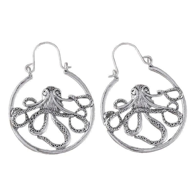 Vintage octopus earrings in antique silver finish with retro style animal design