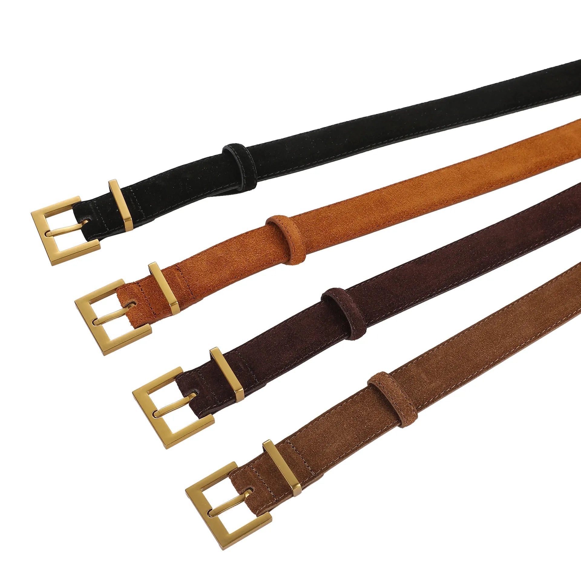 Women's black leather belt with quadrilateral silver alloy pin buckle on wooden surface