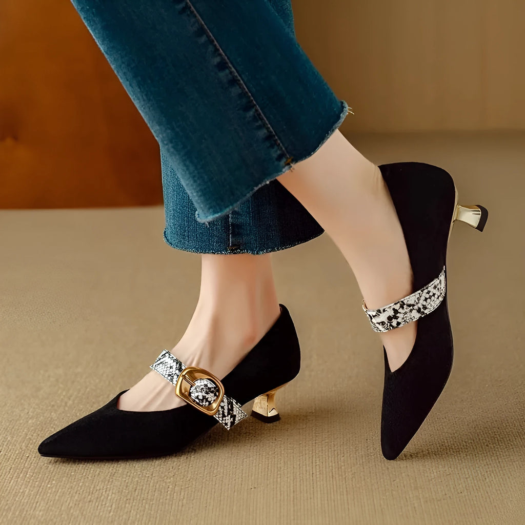 Black women's stiletto high heel shoes with pointed toe and buckle fastening