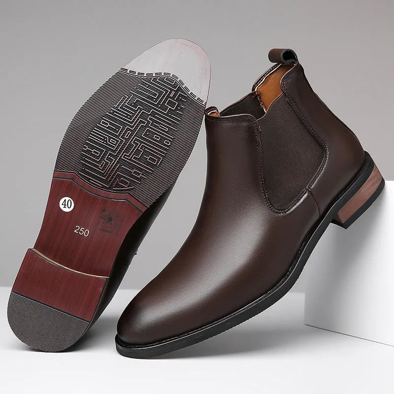 Men's black pointed Chelsea boots with low heel and rubber sole