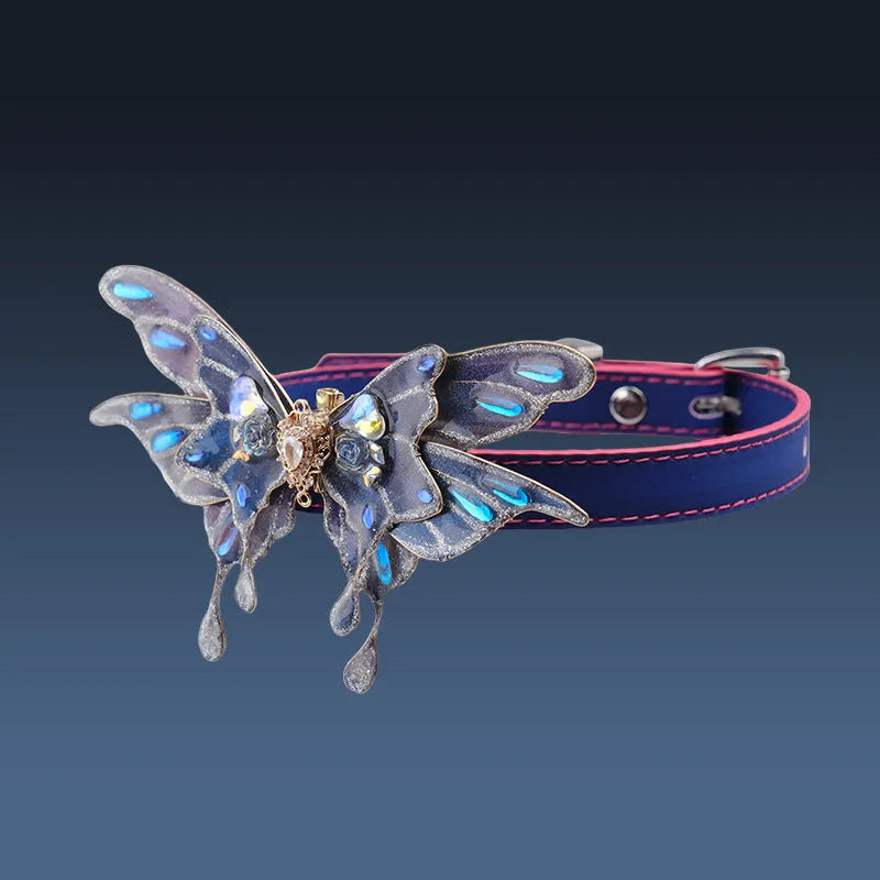 Temperature change purple butterfly collar necklace with alloy chain on a person.