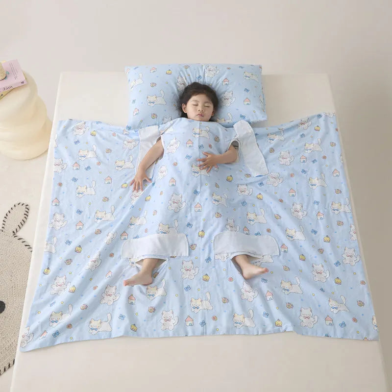 Colourful patterned anti-kick sleeping bag blanket folded to show size and design.