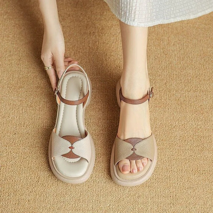 Women's chunky heel platform sandals with open toe in khaki colour