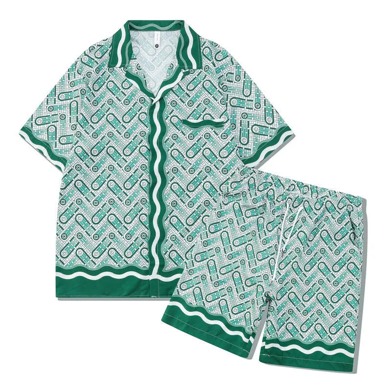 Plaid printed beach outfit for men, consisting of a short sleeve shirt and matching shorts.