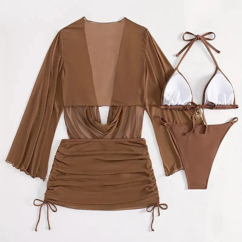 Women's European style blouse lace-up bikini swimsuit in dark brown or black with backless design