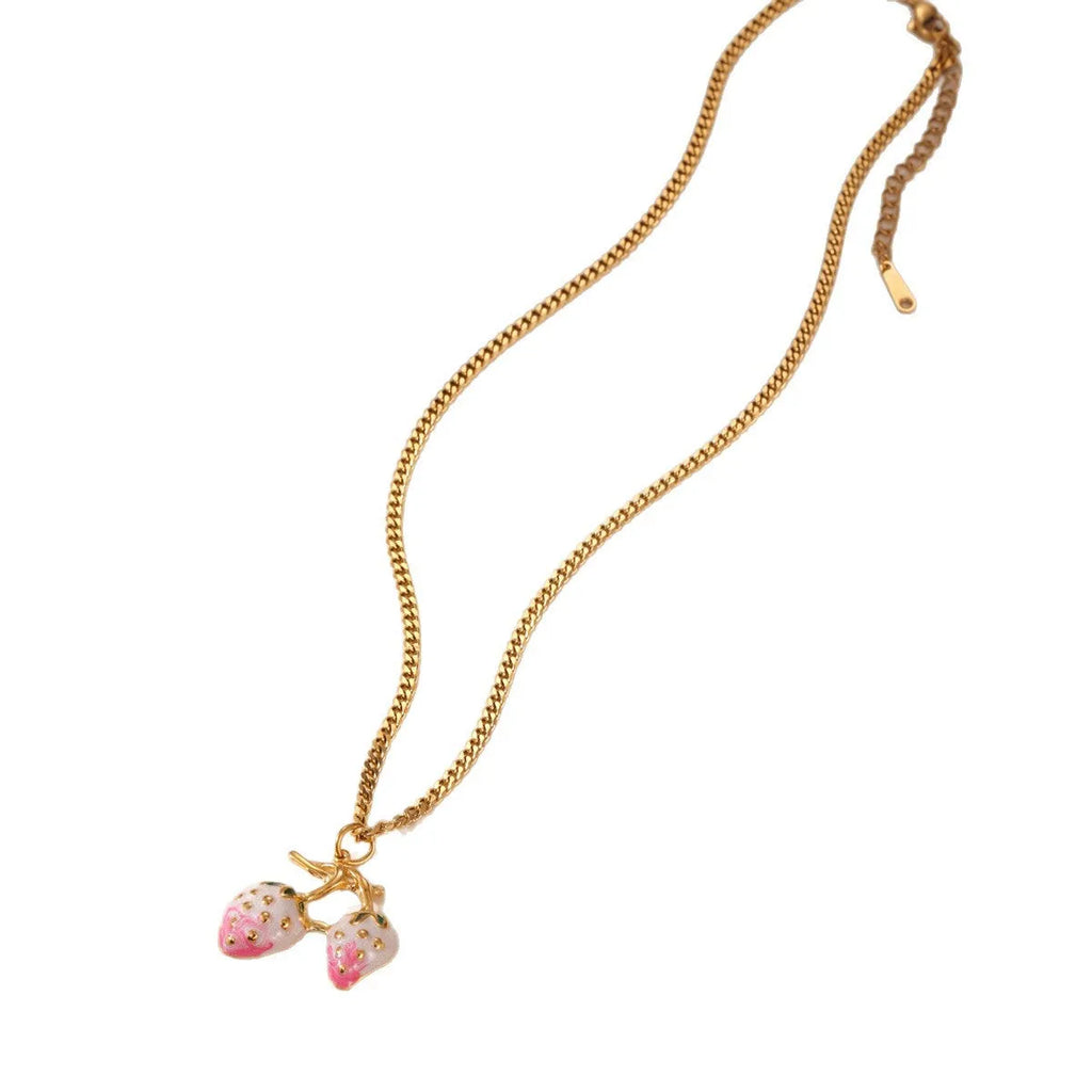 Stainless steel strawberry pendant necklace on alloy chain in red or white powder gradient colour