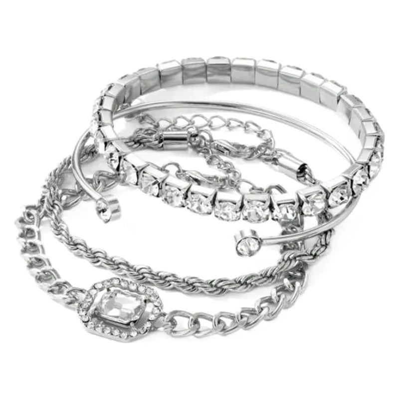 Retro geometric women's alloy bracelet set with square diamond charms in gold or silver metal chain design