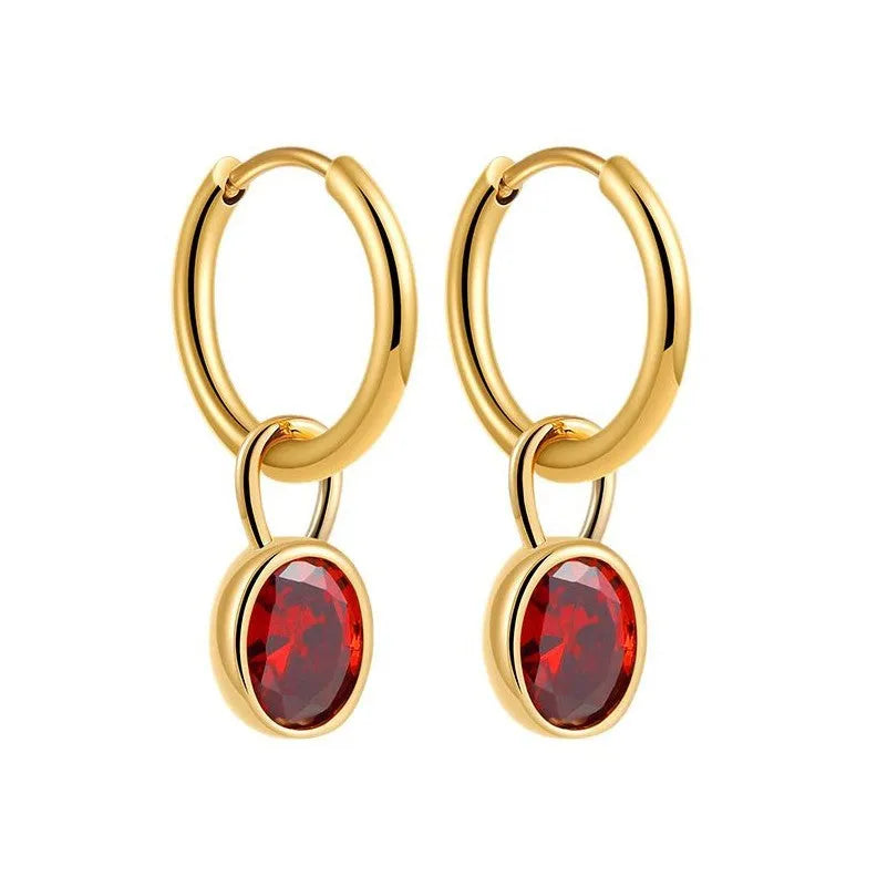 Copper retro oval earrings with zircon stones in six colour variations.