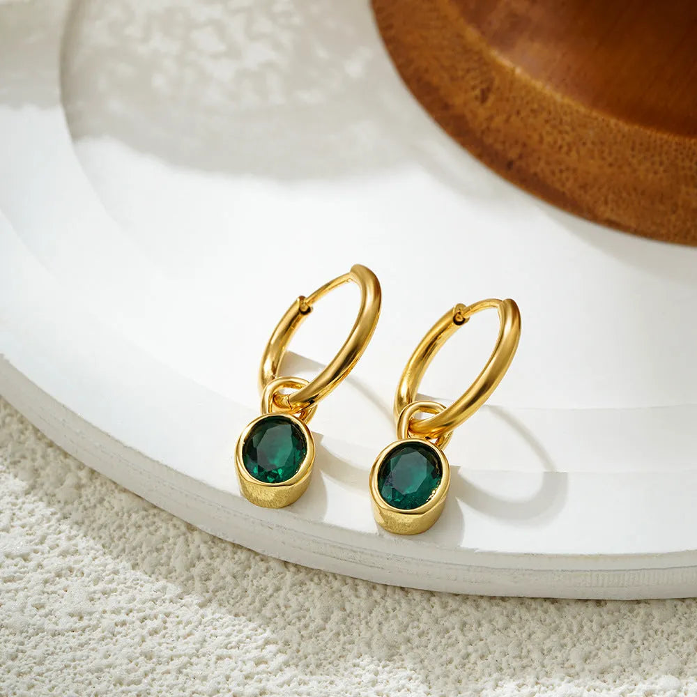 Copper retro oval earrings with zircon stones in six colour variations.