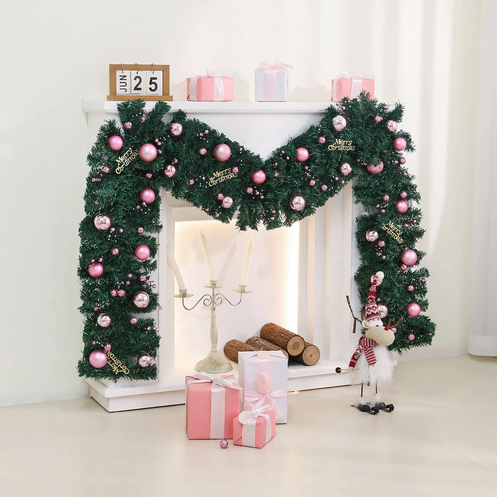 2.7 metre pink rattan Christmas vine decoration with 240 decorative heads on wrought iron wire