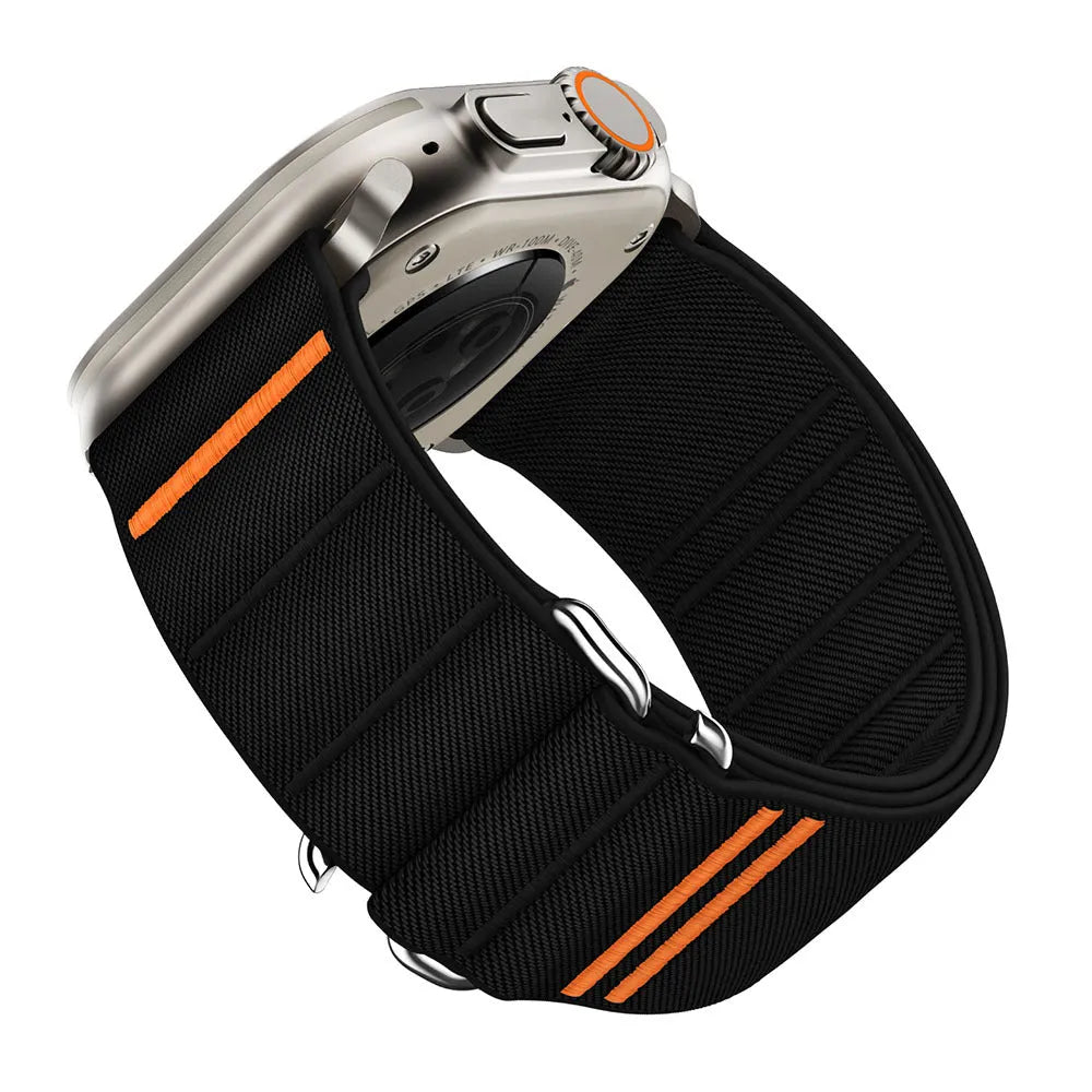 Elastic nylon Apple Watch replacement strap with stainless steel buckle in army green colour