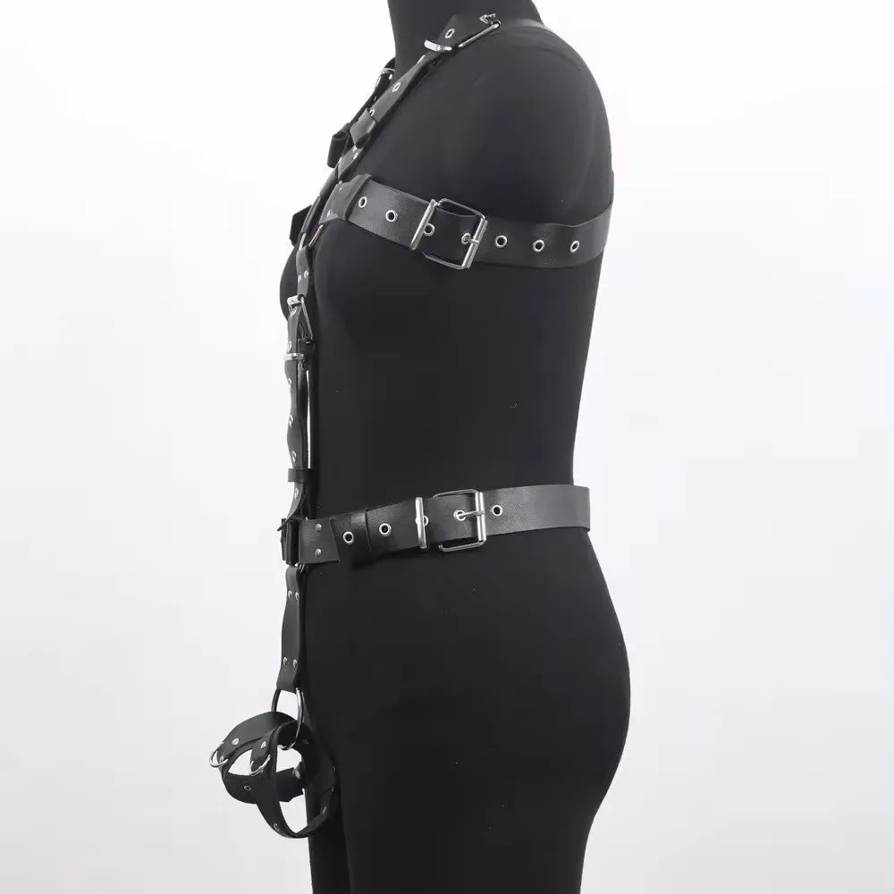 Black imitation leather bondage suit with thin straps and a pin buckle fastening.