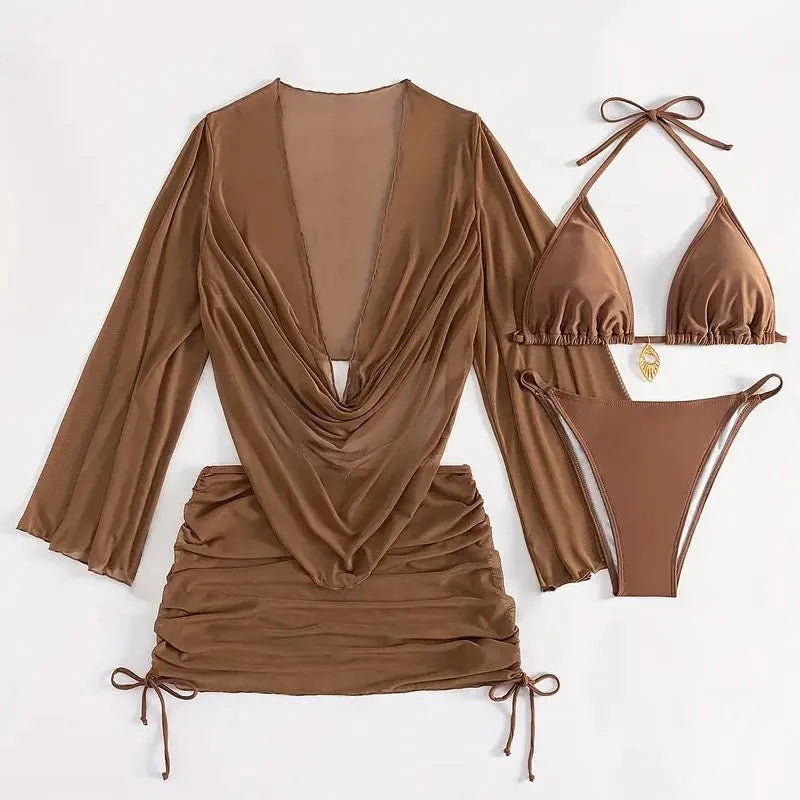 Women's European style blouse lace-up bikini swimsuit in dark brown or black with backless design