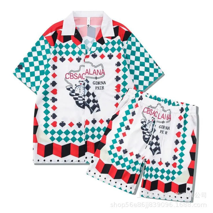 Plaid printed beach outfit for men, consisting of a short sleeve shirt and matching shorts.