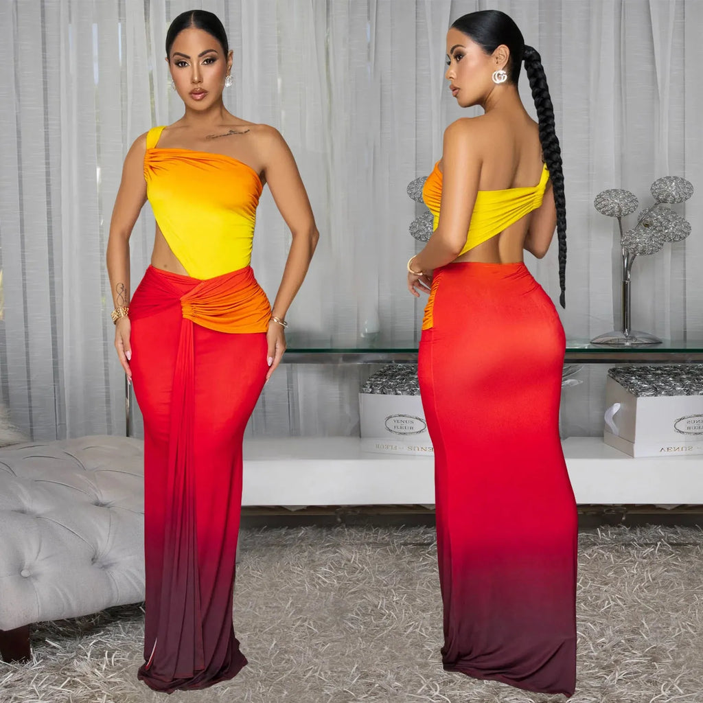 Women's gradient colour cross-shoulder sleeveless dress with high waist and long skirt.