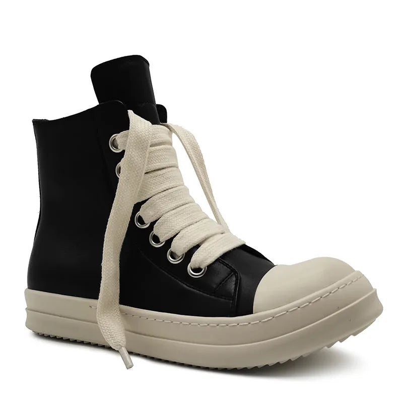 Men's black high-top leather sneakers with side zip, platform sole, and visible stitching details.
