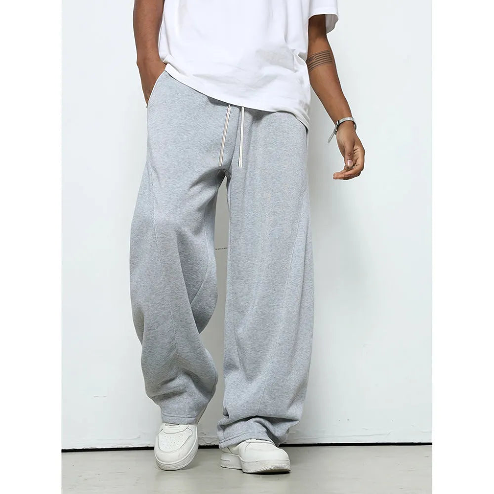Men's straight-leg casual trousers in grey with a micro-elastic drawstring waist.