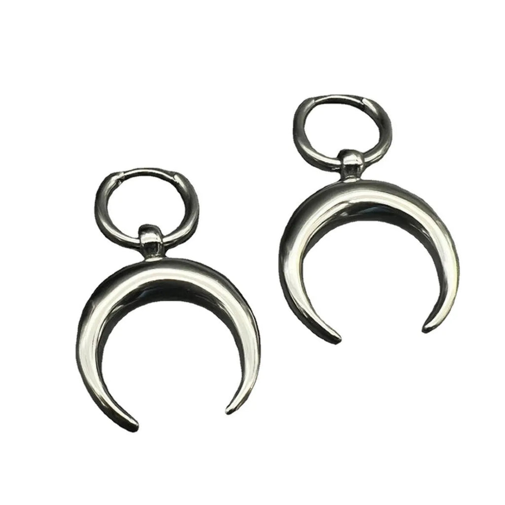 Silver geometric moon hoop earrings with punk-style ear clips, gothic lunar design on alloy base