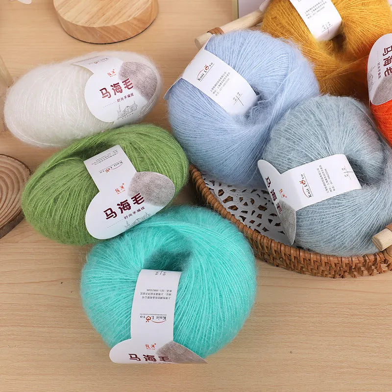 Mohair scarf DIY kit with wool ball and Inverness thread for hand-weaving, showing multiple colour options