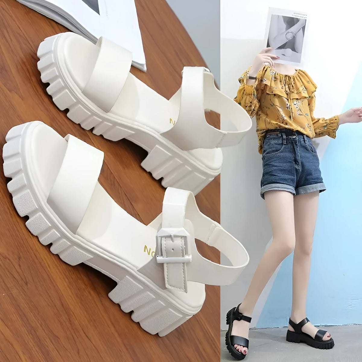 Women's beige peep toe sandals with ankle-strap buckle and platform heel in college style