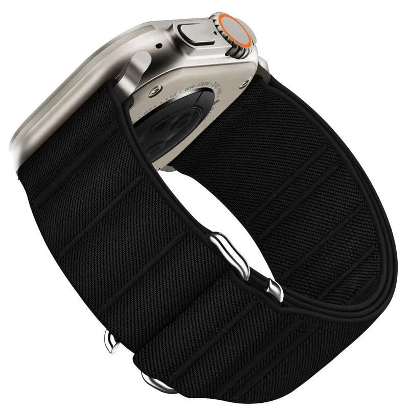 Elastic nylon Apple Watch replacement strap with stainless steel buckle in army green colour