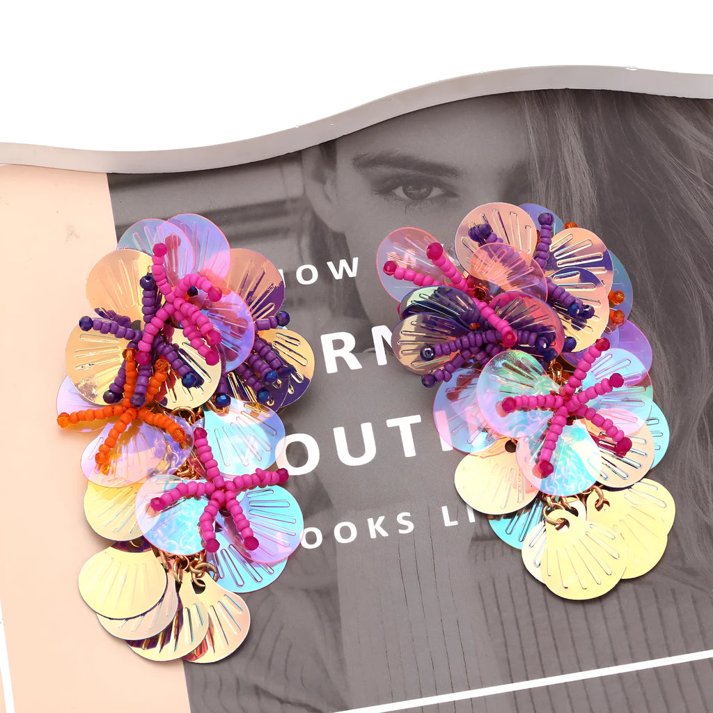 Handmade string bead flower earrings with exaggerated dopamine shapes in colourful designs