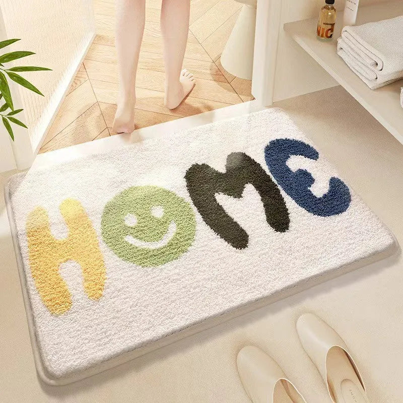 Square imitation cashmere floor mat with plastic bottom and rainbow pattern in sky sea colours