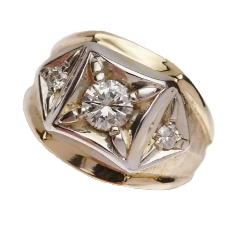 Gold geometric hollow copper couple ring with a chamfered square pattern