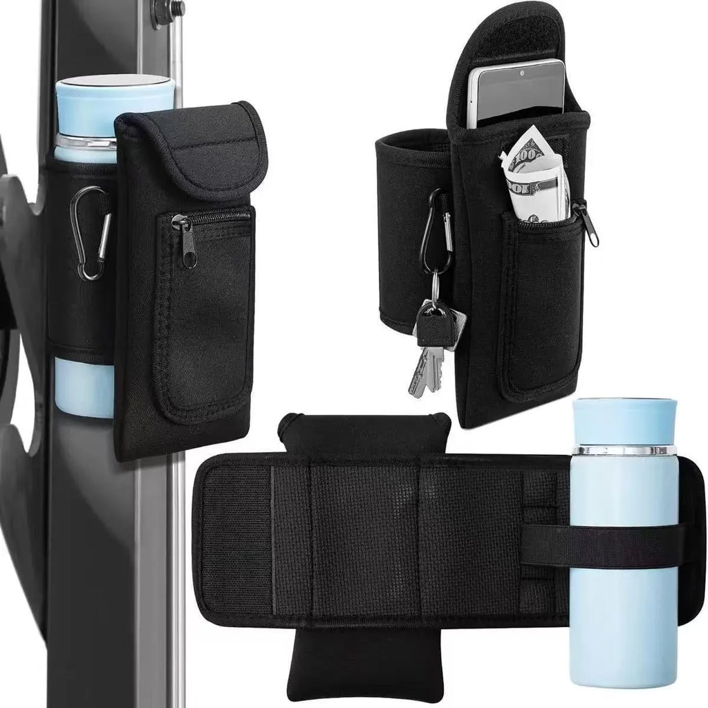 Magnetic fitness cup sleeve with carabiner clip attached to backpack, holding large sports bottle