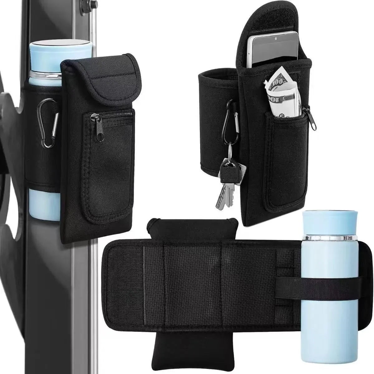 Magnetic fitness cup sleeve with carabiner clip attached to backpack, holding large sports bottle