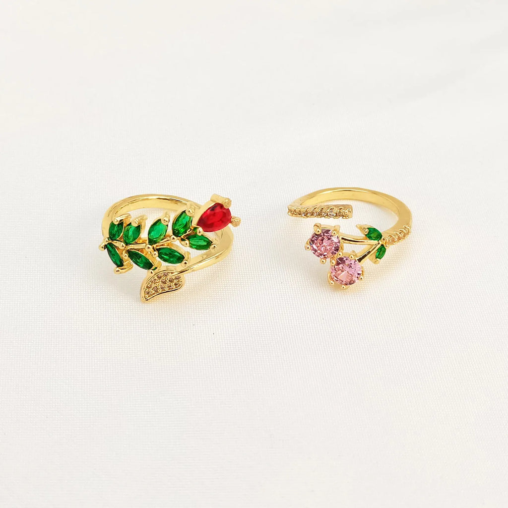 Women's copper open ring with leaf geometric pattern and gold zircon detailing in national style split-ring design