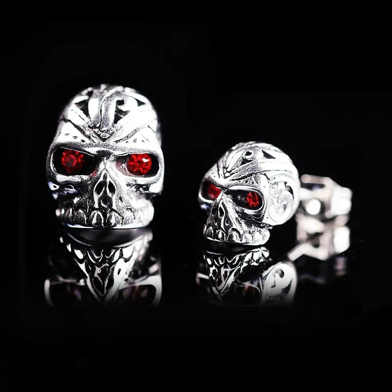 Retro skull stud earrings with red eye ghost head design and artificial gemstone inlay