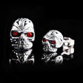 Retro skull stud earrings with red eye ghost head design and artificial gemstone inlay