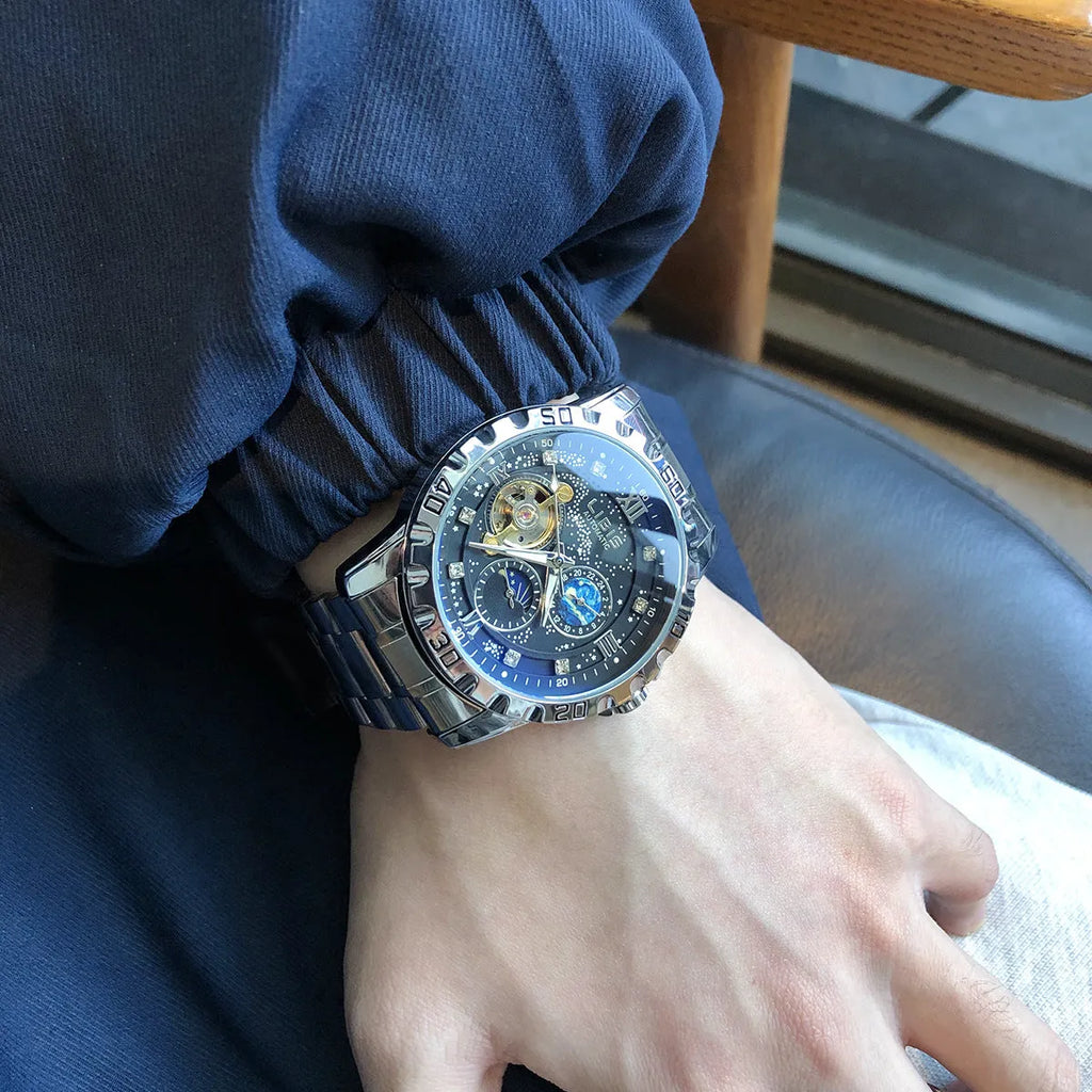 Men's automatic mechanical watch with starry dial, silver case, black genuine leather strap and transparent back