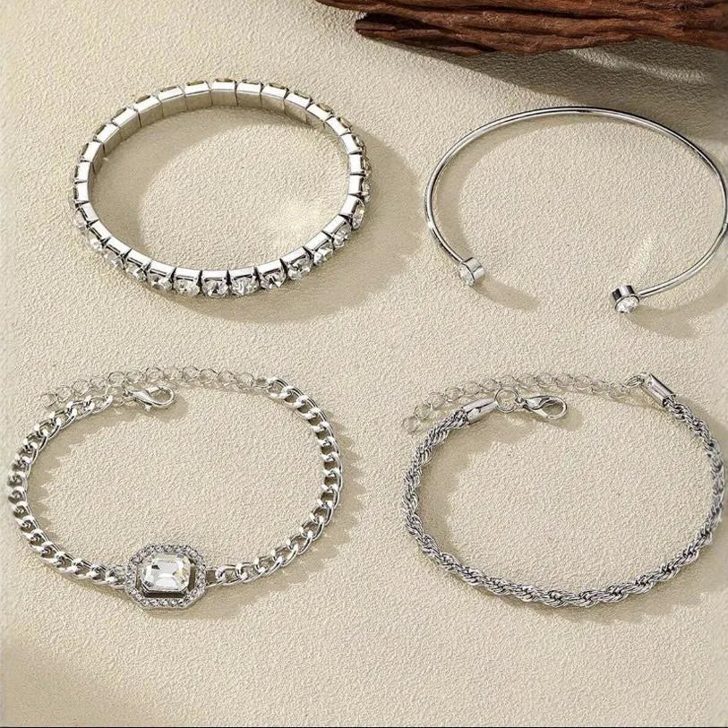 Retro geometric women's alloy bracelet set with square diamond charms in gold or silver metal chain design