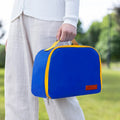 Insulated large capacity bento handbag in textured cloth, shown in purple colour.