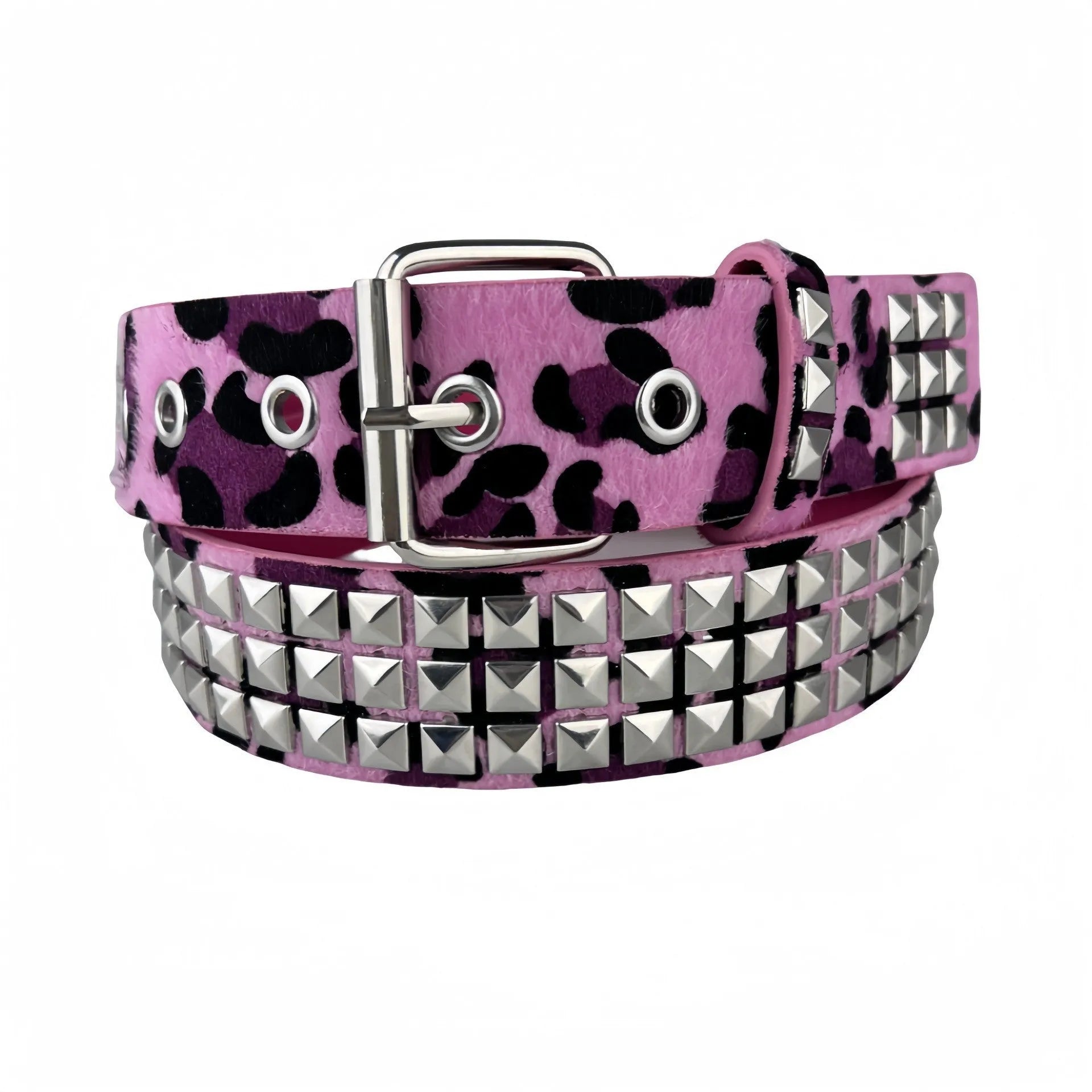 Women's brown leopard print punk belt with silver metal rivets and an alloy buckle.