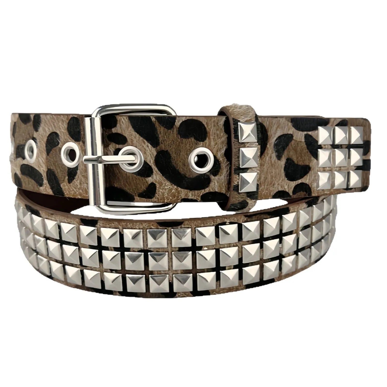 Women's brown leopard print punk belt with silver metal rivets and an alloy buckle.