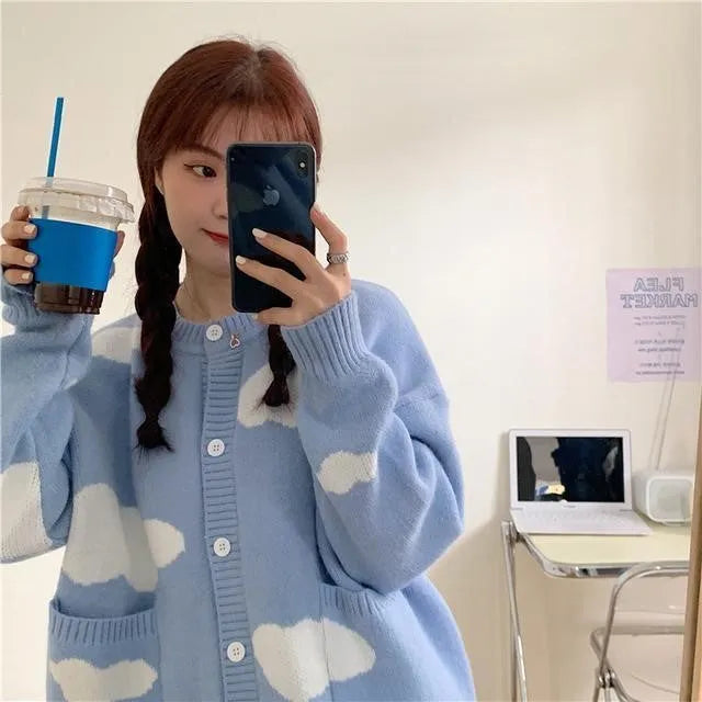 Women's loose blue cloud pattern cardigan sweater coat with long sleeves