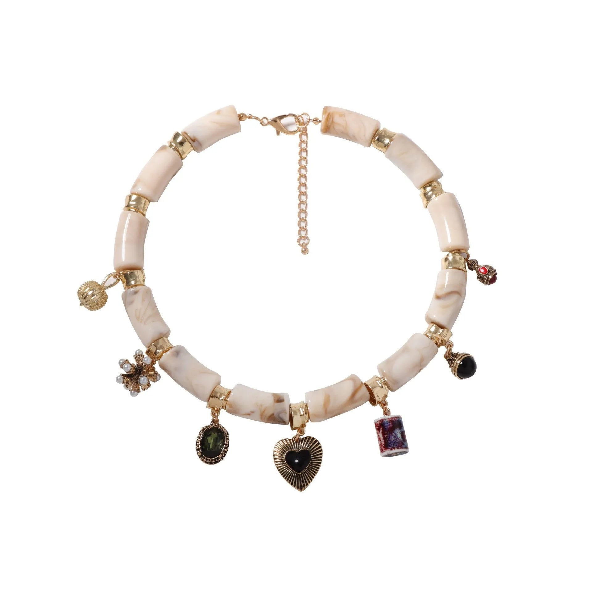 Women's heart-shaped bamboo resin pendant necklace with electroplating finish