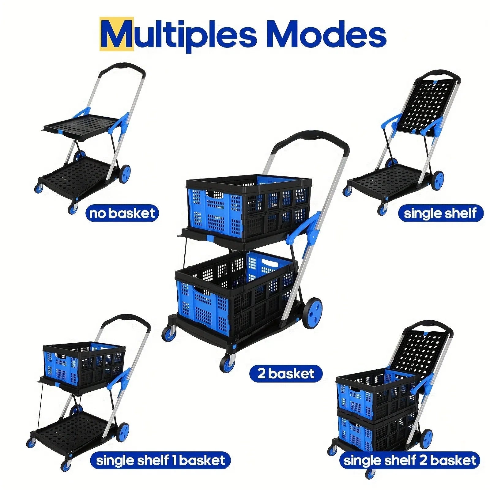 Foldable double basket shopping cart in blue, showing its two-layer design and collapsible frame.