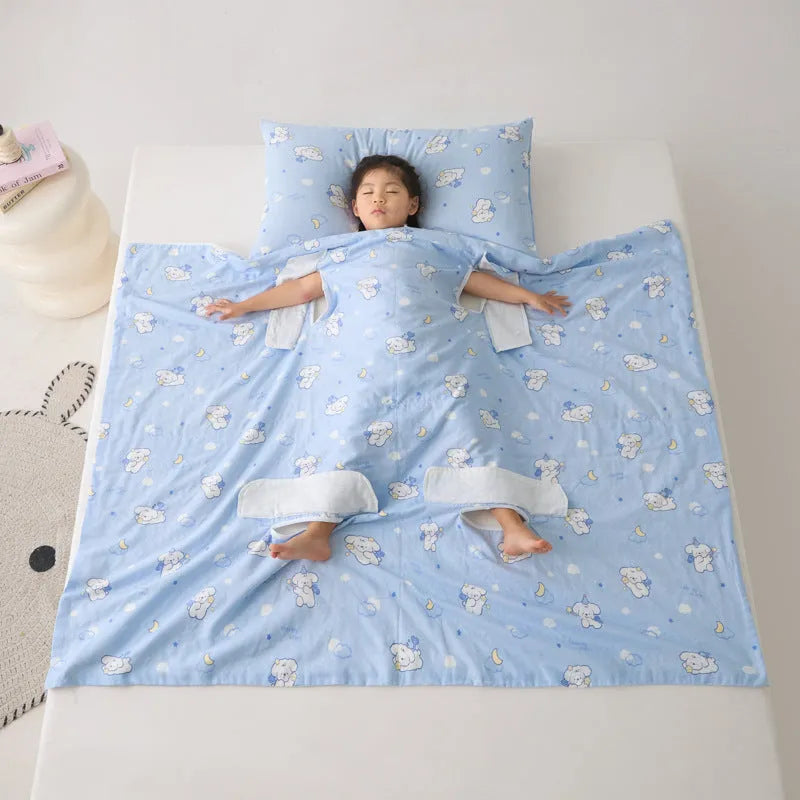Colourful patterned anti-kick sleeping bag blanket folded to show size and design.
