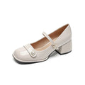 Women's plus size chunky heel hiking pumps with buckle fastening in patent leather