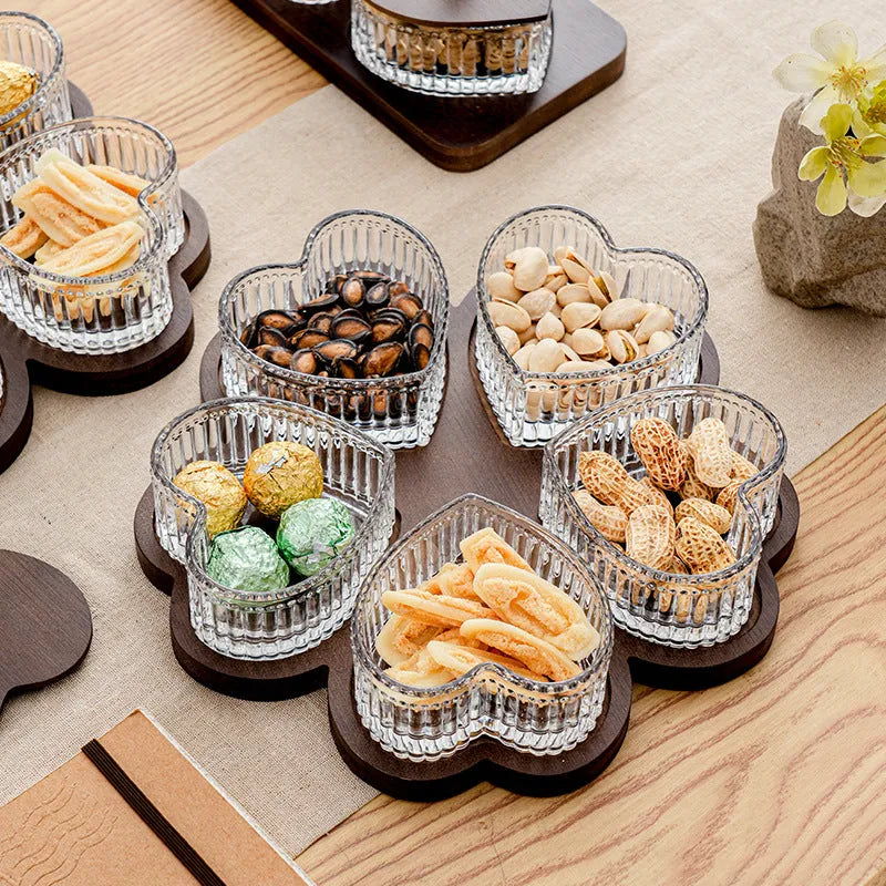 Glass snack platter with coloured glaze and transparent heart-shaped lids in retro style