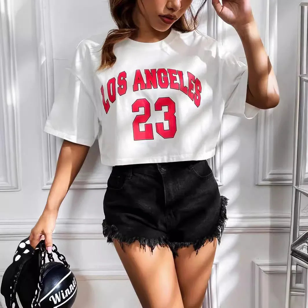 Women's black cropped cotton t-shirt with white personalised English letter print, loose fit, short sleeves.